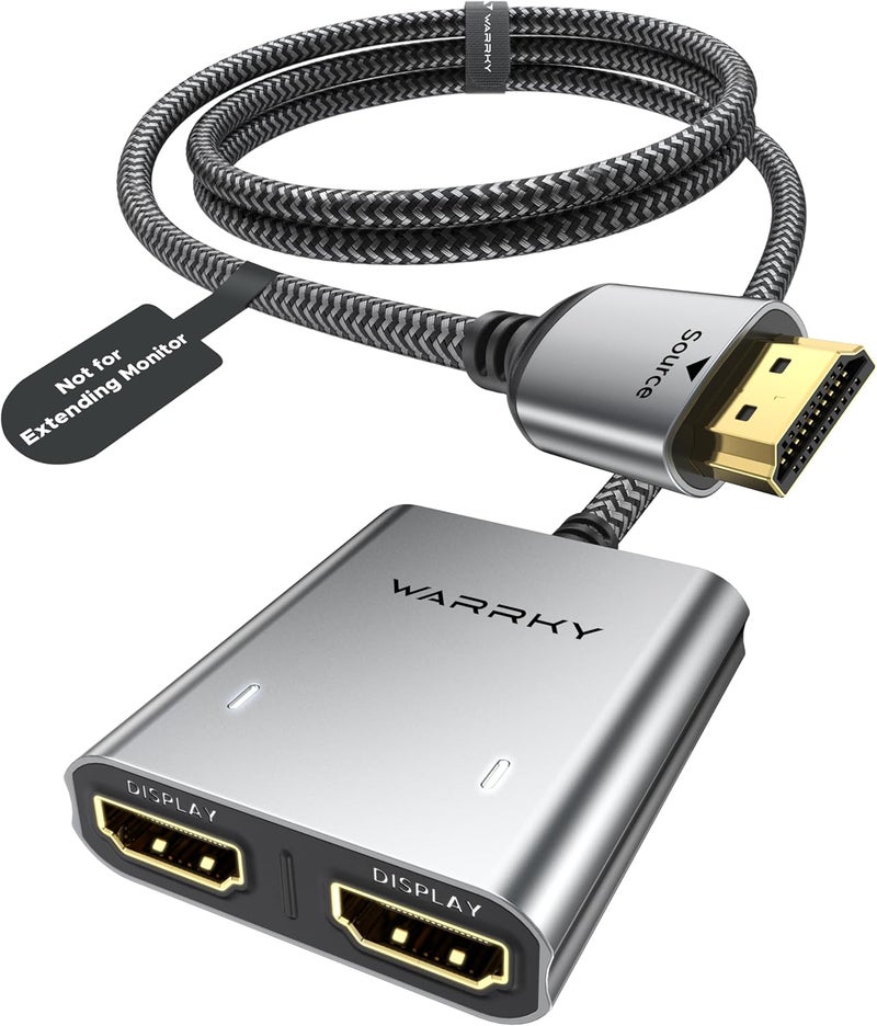 Warrky HDMI Splitter 4K, Display Mirror Same Screen Only (Not Extend Screen), HDMI Splitter 1 in 2 Out [USB-C Powered, Metal Shell, 3.3 Ft Braided Cable], 1x2 for Dual Monitors, Grey-4K UHD - Image 1